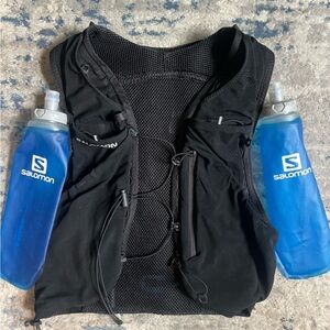 Salomon Black Hydration Vest with Blue Bottles